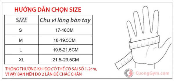 Bảng thông số hướng dẫn chọn size cho găng tay CGA-106 CGA-107