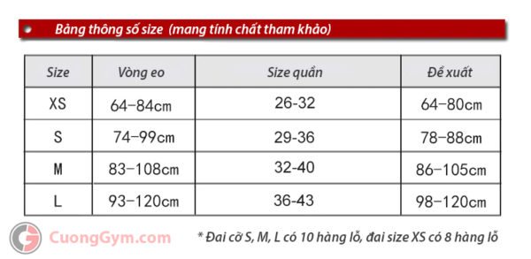 Bảng thông số tham khảo chọn size Đai lưng cứng da bò Valeo (mã sản phẩm: CGK-304)